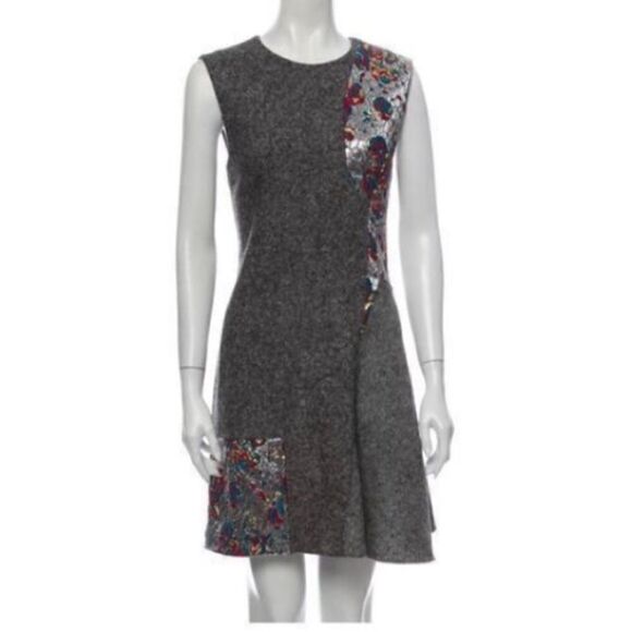 Stella McCartney Women’s 6 Fit Flare Wool Dress Grey Silk Patchwork Sleeveless - Picture 1 of 5